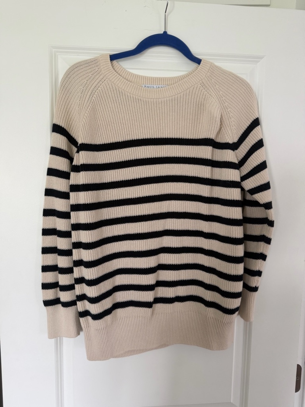 Paul James Cream and Black Striped Crewneck Sweater
